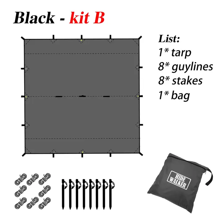 Bâche de revêtement noir imperméable à 19 Points de suspension, bâche de tente de Camping en plein air, abri Bushcraft, bricolage, tente volante