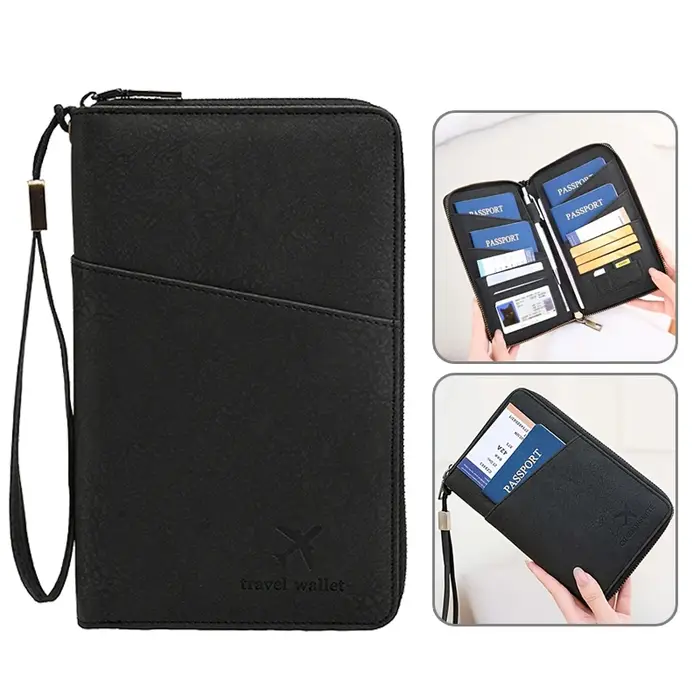 Porte-documents de voyage noir avec fermeture éclair longue, portefeuille de rangement pour billets, sac de rangement pour plusieurs passeports avec sangle de poignet TMZ, 1 pièce