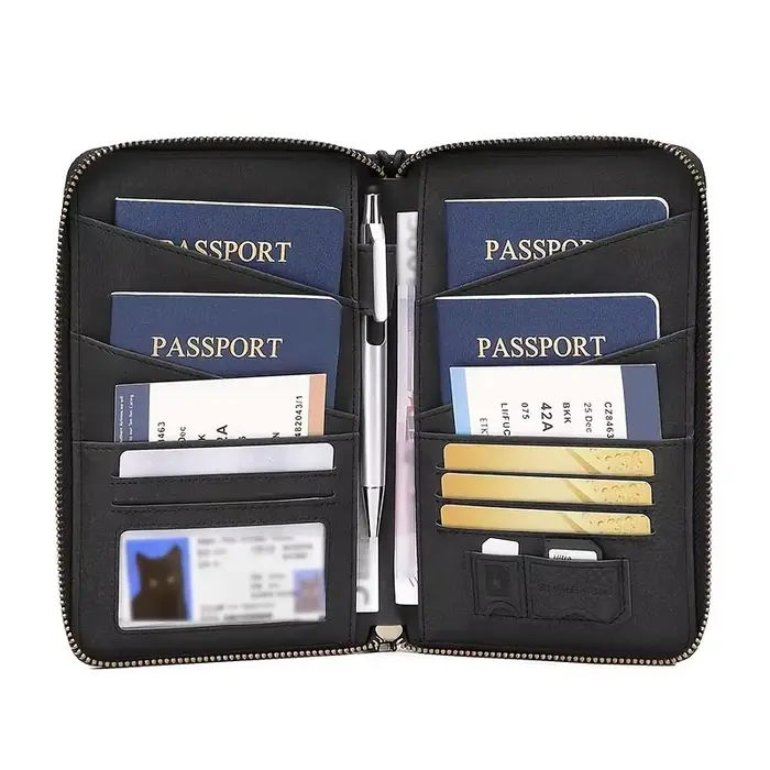 Porte-documents de voyage noir avec fermeture éclair longue, portefeuille de rangement pour billets, sac de rangement pour plusieurs passeports avec sangle de poignet TMZ, 1 pièce