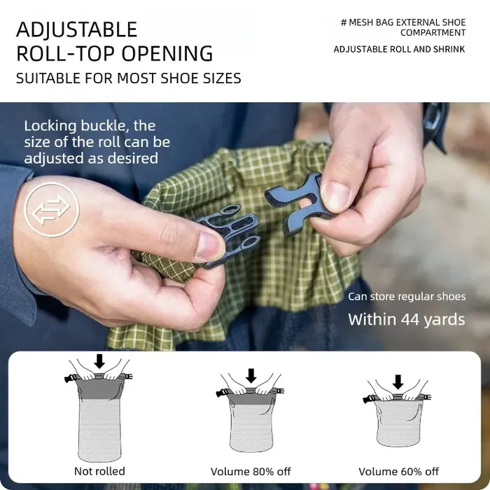 Sac à chaussures Dyneema à enroulement en maille pour fixation externe
