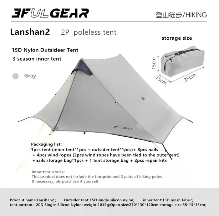 Lanshan 2 personnes tente randonnée ultralégère Camping tente professionnelle 15D Silnylon sans tige