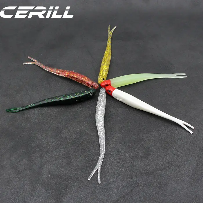Cerill 5 pièces 13 cm Shiner 3D yeux doux leurre de pêche fourche queue artificielle ver appât lueur