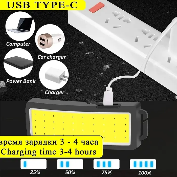 Lampe de poche LED COB pour sauna, batterie intégrée, aste par USB, lampe d'urgence extérieure, lanterne de camping et de pêche, 3 modes