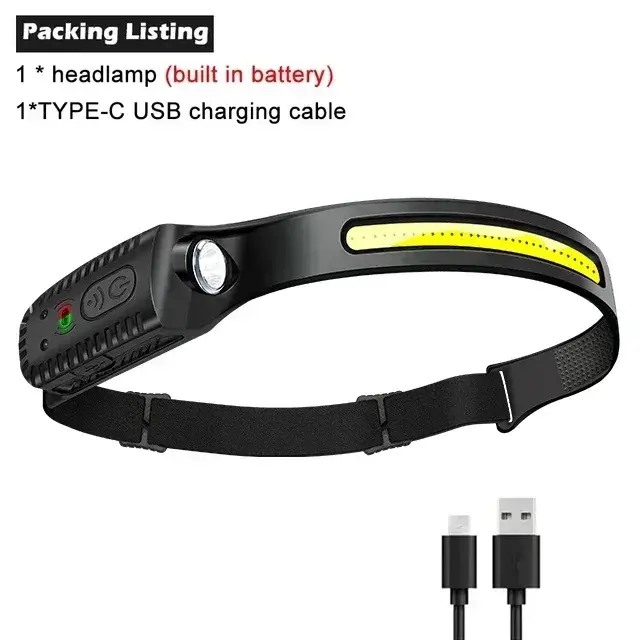Lampe frontale LED COB à induction, rechargeable par USB, avec batterie intégrée, 5 modes d'éclairag
