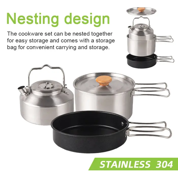 Ensemble d'ustensiles de cuisine de camping, kit de batterie de cuisine de pique-nique en plein air, marmite en acier inoxydable, poêle à frire, ensemble de bouilloire, accessoire de cuisine de voyage