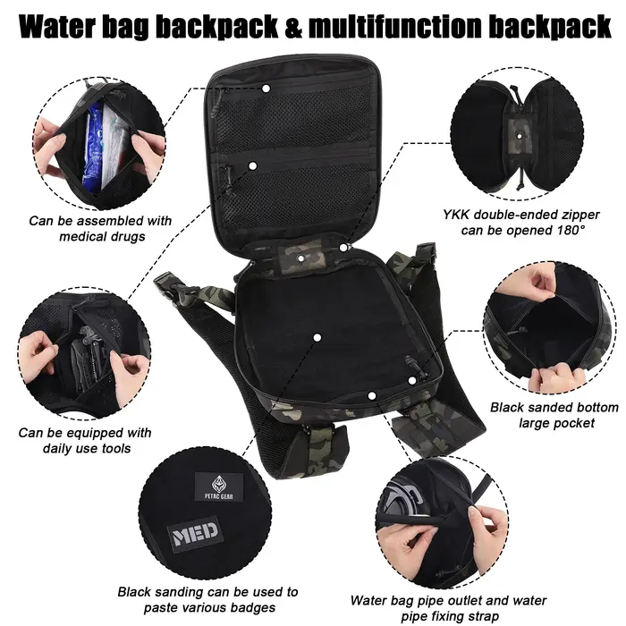 Sac à dos d'hydratation tactique KRYDEX 1,5 L, poche à eau de 50 oz, sac de transport, accessoires de randonnée et de voyage en plein air