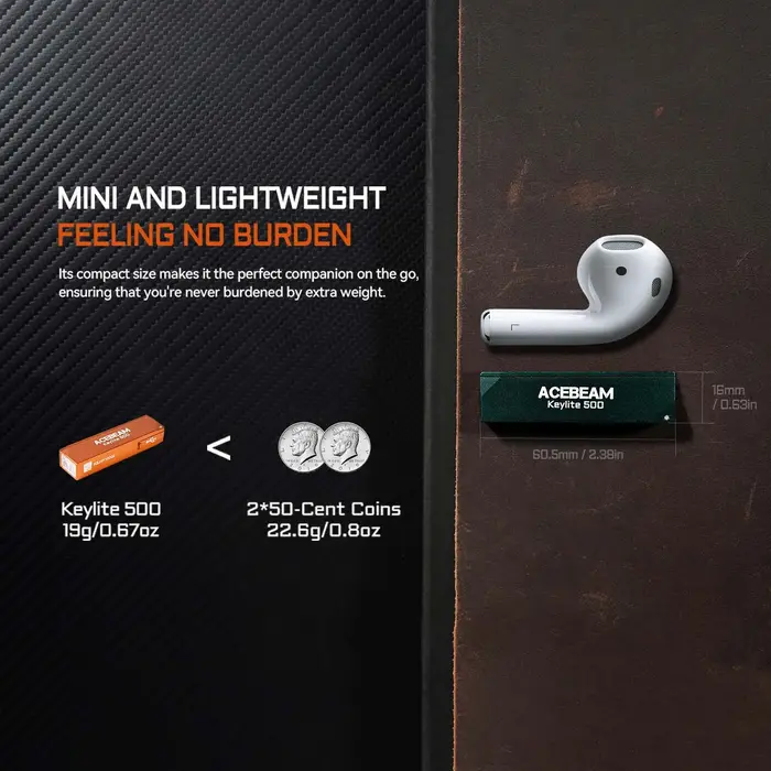 Lampe torche porte-clés ACEBEAM Keylite 500 EDC rechargeable avec mode stroboscopique d'autodéfense