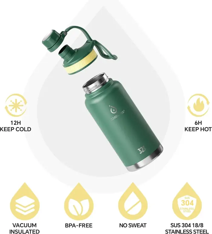 Bouteille d'eau isotherme en acier inoxydable Ideus 40 oz, avec 2 bouchons anti-fuite, bouteille d'eau isotherme pour la randonnée et le cyclisme