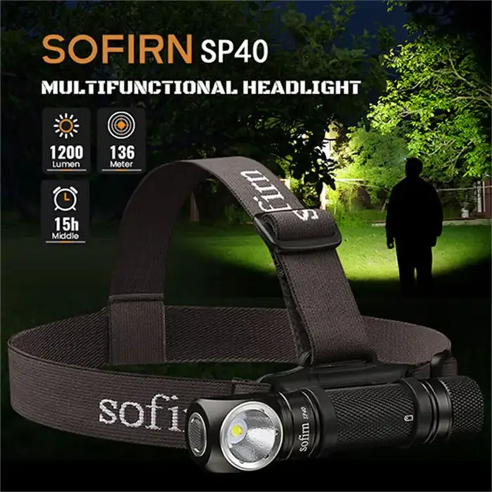 Lampe frontale LED EDC SOFIRN SP40 XPL, rechargeable 18650, 1200lm, lampe de pêche extérieure lumine
