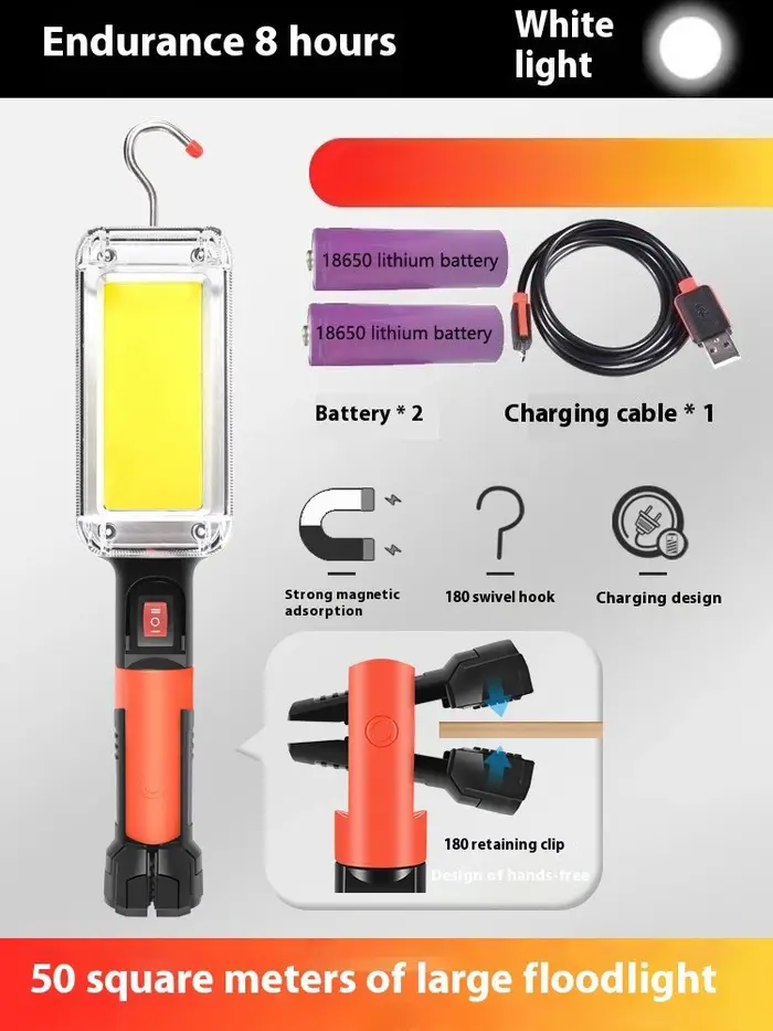 Projecteur COB Rechargeable Lampe de Travail LED Utilisation de 2*18650 Batterie LED Lumière Portable Magnétique Crochet Clip Étanche