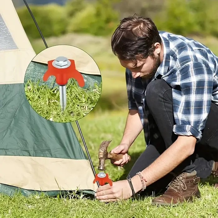 Piquets de tente hexagonaux filetés - Poignée en plastique rouge et vis en métal - Accessoires de camping