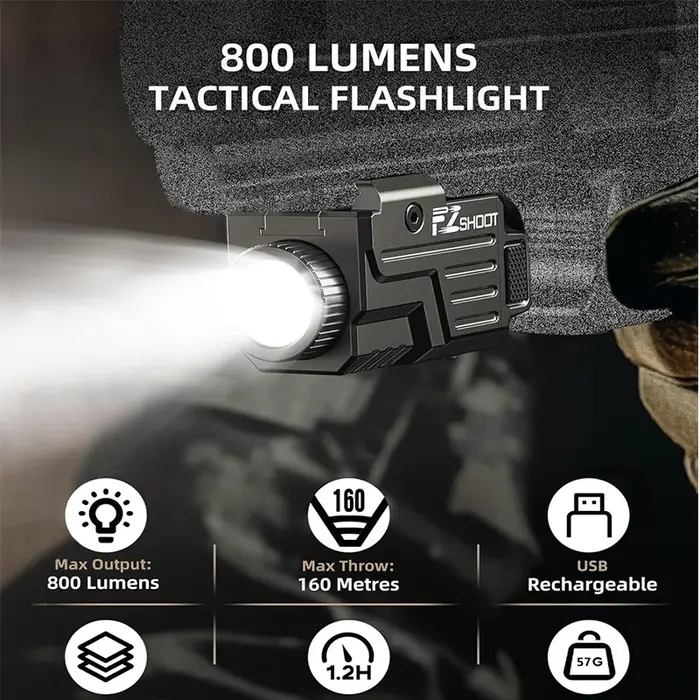 EZshoot lampe de poche tactique 800 Lumens lumière LED Compatible avec pistolet Picatinny et Rails GL Mode stroboscopique rechargeable par USB