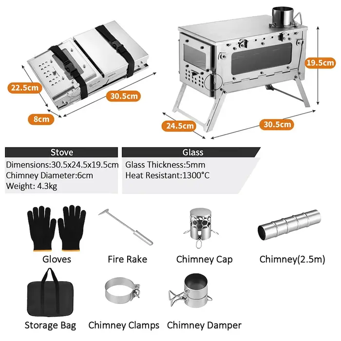 Poêle à barbecue pliant Camping poêle à bois pliable en acier inoxydable tente chauffage Portable cu