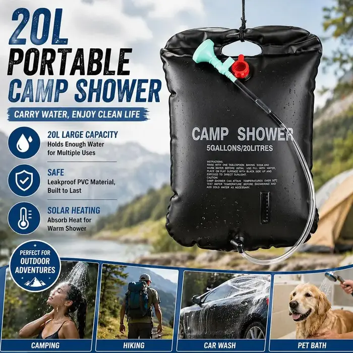 Sac de douche solaire 20L, portable et pliable, avec tuyau et pulvérisateur pour le camping, le bain des animaux, les voyages et les activités de plein air