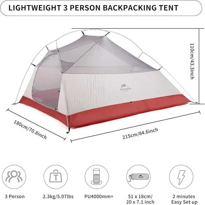 Naturehike – tente de Camping pour 1 à 3 personnes