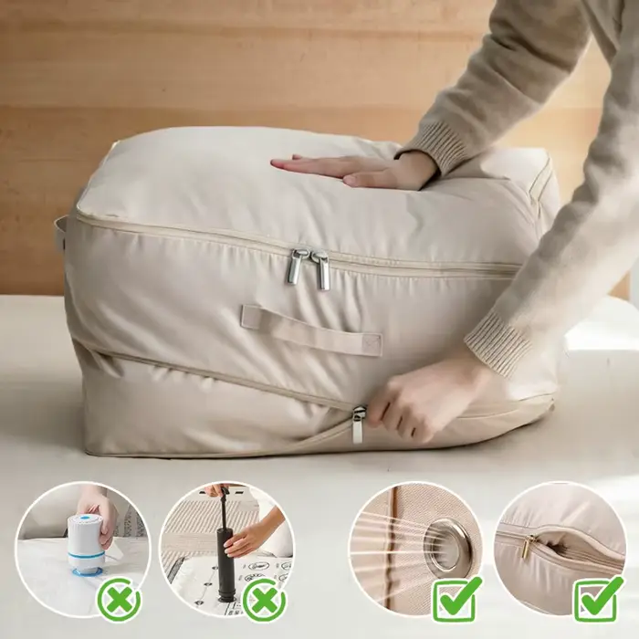 Grand sac de rangement auto-compressible pour couettes