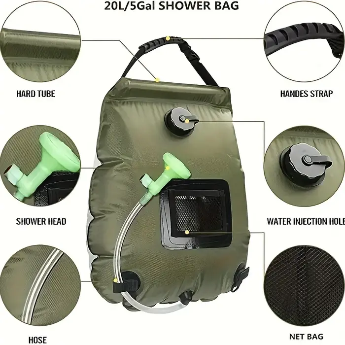 Sac de douche de camping 1/2 pièces - Sac de douche extérieur, sac à eau, tuyau détachable et pomme de douche interchangeable.