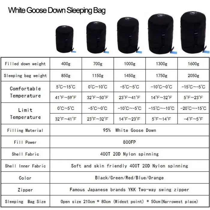 Sac de couchage de Camping en duvet d'oie blanc, garde au chaud, Style momie, épais, adapté pour l'hiver, stockage thermique Portable, Compression
