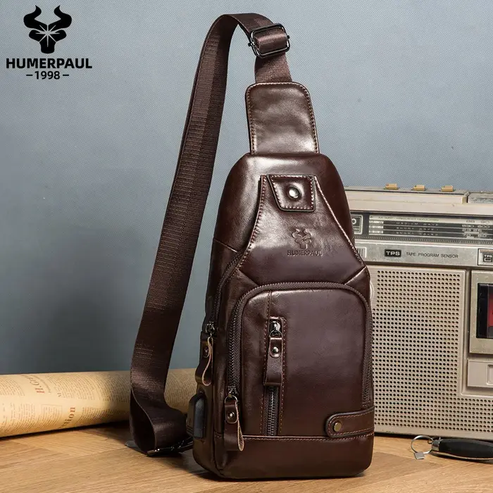 HUMERPAUL-Sac de poitrine USB pour homme, 100% cuir véritable, sacs à bandoulière initiés, sac de me