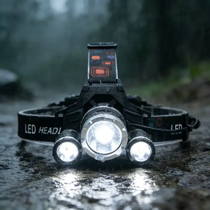 Trois lampes frontales LED lumineuses rouge/vert/blanc
