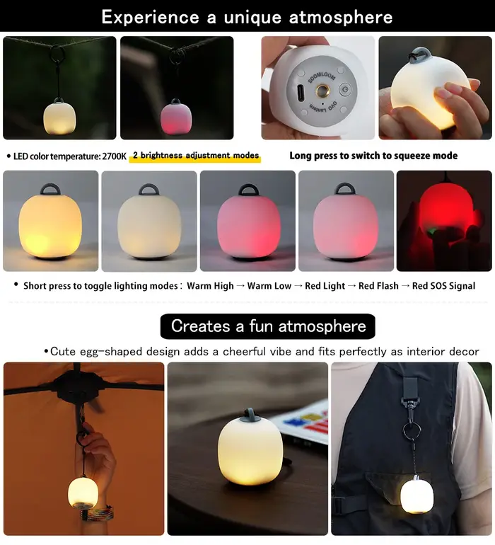 Soomloom Lanterne de camping LED rechargeable Lampe à presser en forme d'œuf mignon