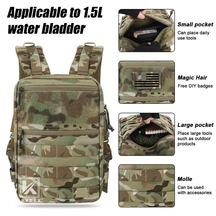 Sac à dos d'hydratation tactique KRYDEX 500D 50 oz, poche modulaire, poche à eau de 1,5 L, sac à dos pour la chasse, la randonnée en plein air, accessoires
