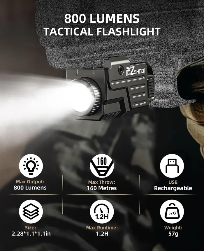 Lampe de poche tactique Ezshoot 800 lumens compact Pistol Light Rechargeable compatible avec Picatinny et Gl Rails Strobe Mode