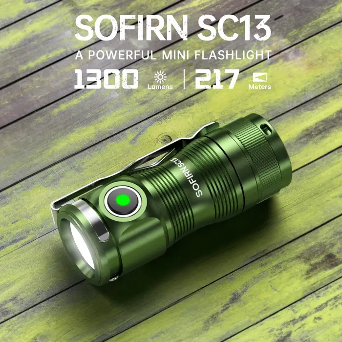 Lampes de poche tactiques SOFIRN SC13 1300lm rechargeables 18350 6000K Noir Vert Porte-clés 519A/SST40 LED Mini lampe torche d'urgence