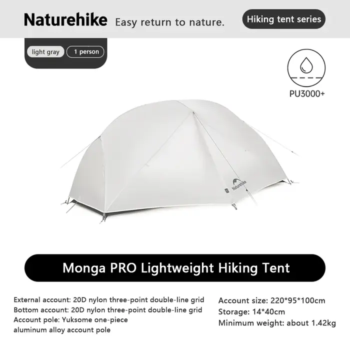 Tente de trekking Naturehike PRO pour 1/2 personnes, tente de camping en plein air, imperméable 20D,