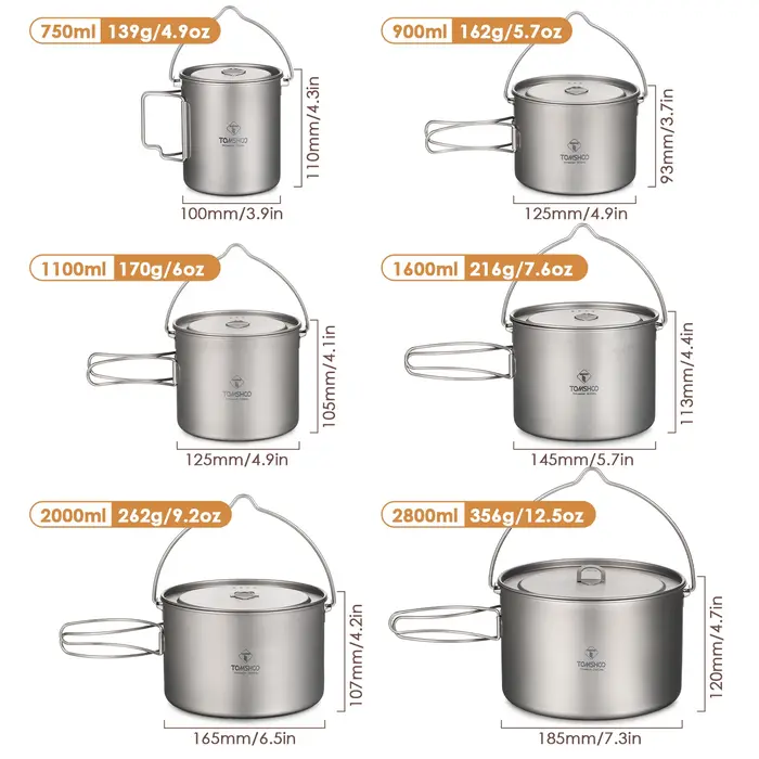 TOMSHOO – ustensiles de cuisine de Camping, Pot en titane 0,75l/0,9l/1,1l/1,6l/2l/2,8l, Pot suspendu