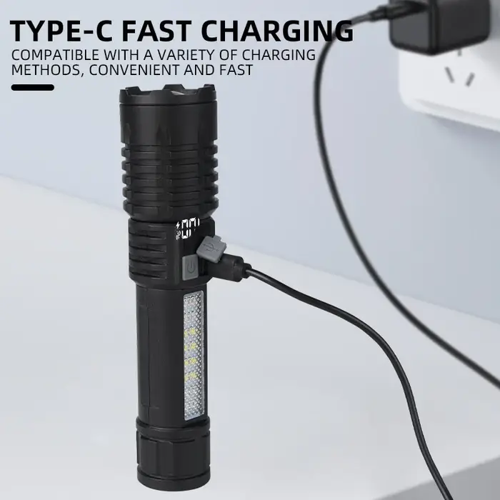 Lampes de poche LED haute puissance rechargeables portables avec écran d'affichage Zoom lampe torche tactique avec lanterne de lumières latérales de secours