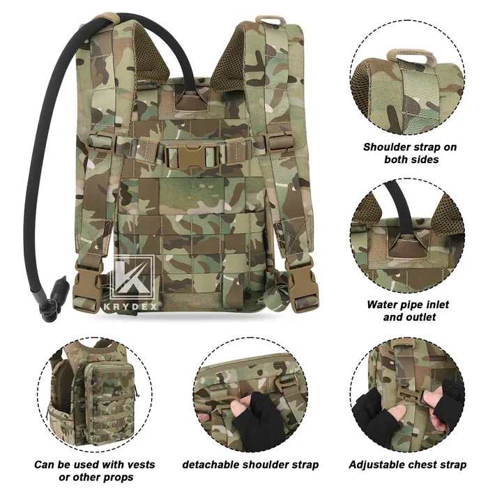 Sac à dos d'hydratation tactique KRYDEX 500D 50 oz, poche modulaire, poche à eau de 1,5 L, sac à dos pour la chasse, la randonnée en plein air, accessoires