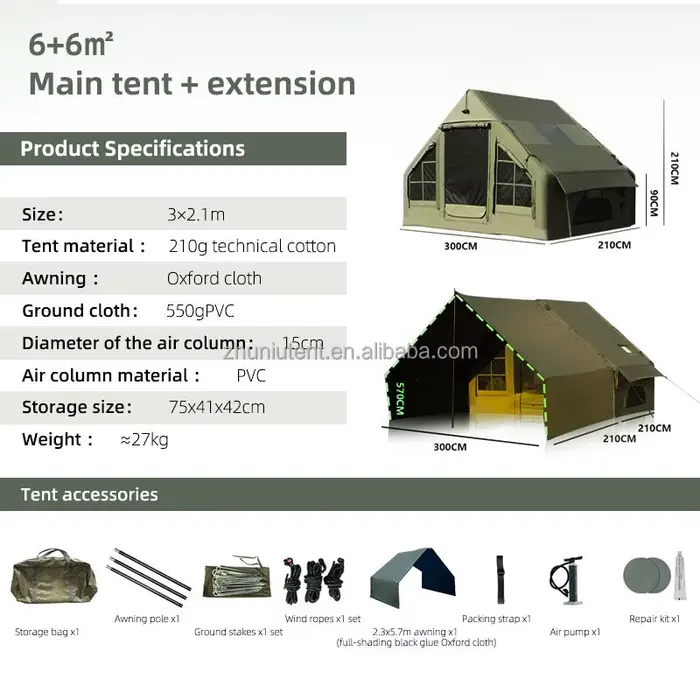 Tente de camping gonflable, tente pneumatique en toile de coton technique de 12,6 m² avec auvent étendu, tente de glamping imperméable et anti-UV