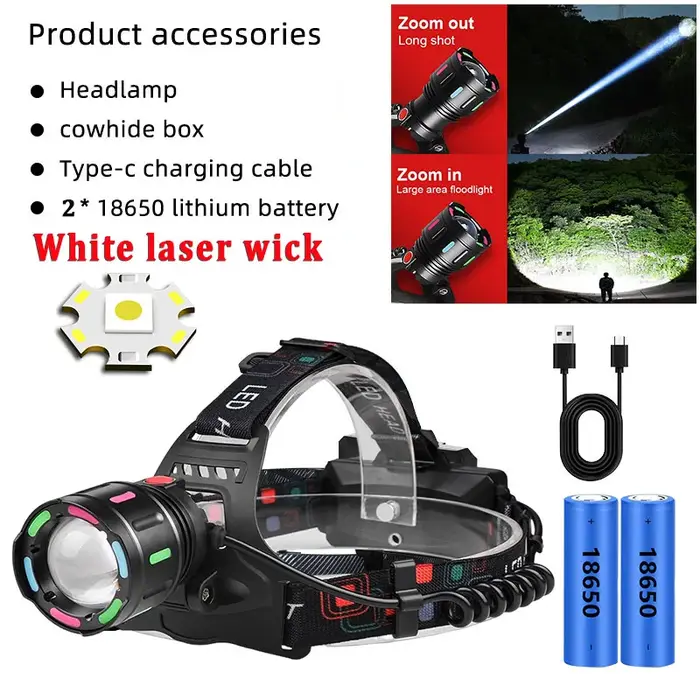 Phare LED à forte luminosité 20000000 LM, puissant phare à longue portée 4000M, lampe rechargeable avec lumière fluorescente pour la pêche en plein air